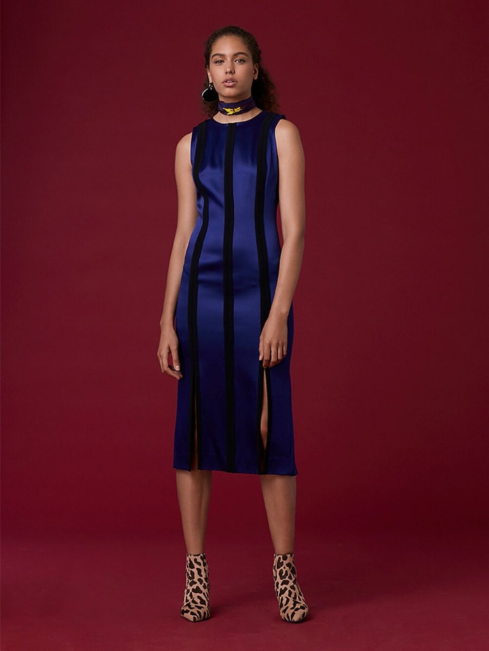 Diane Von Furstenberg Blue Black Striped Sleeveless Sheath Midi Dress Size 2